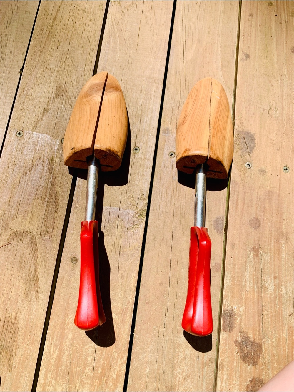 Pair of Wooden Shoe Trees with Red Handles